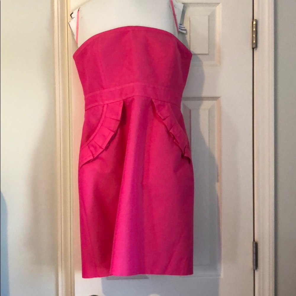 Bright pink strapless J crew dress